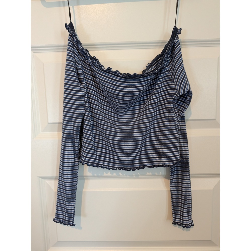 Divided Blue Striped Long Sleeve Lettuce Hem Top